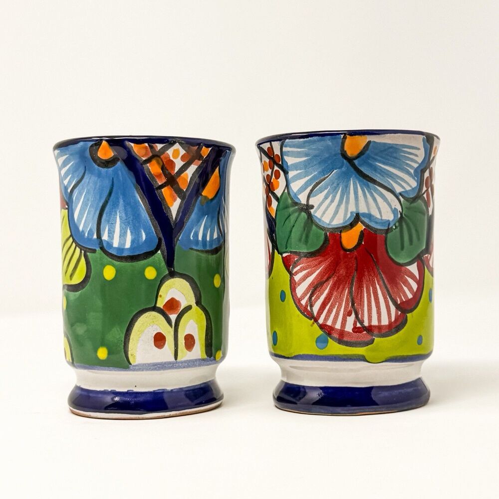Vintage Talavera Hand Painted Mexican Pottery Mug Set Floral Folk Art Cups Pair - Picture 3 of 8